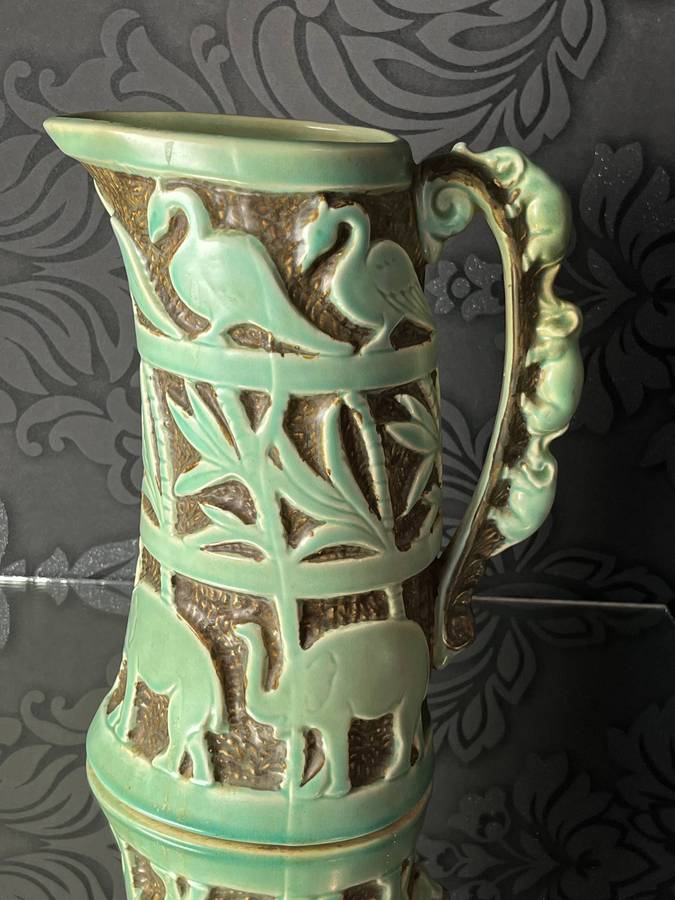 Vintage Burleigh Ware Burslem Pottery Jug  Elephant & Bird Relief Design  25cm England
