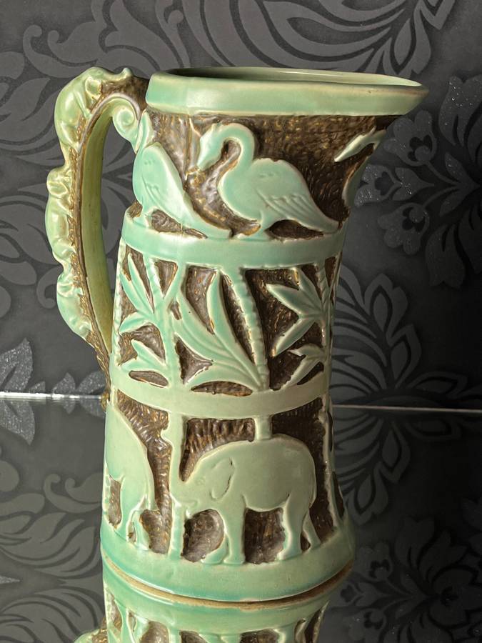 Vintage Burleigh Ware Burslem Pottery Jug  Elephant & Bird Relief Design  25cm England