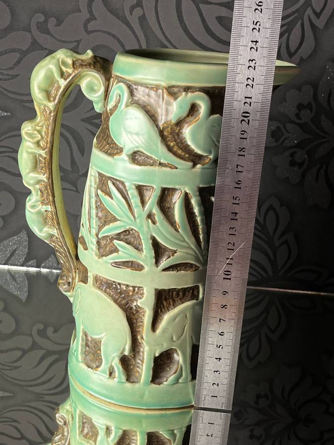 Vintage Burleigh Ware Burslem Pottery Jug  Elephant & Bird Relief Design  25cm England