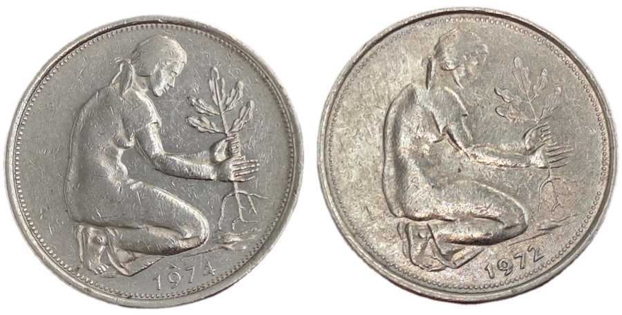 1972 and 1974 Germany 50 Pfennigs coins