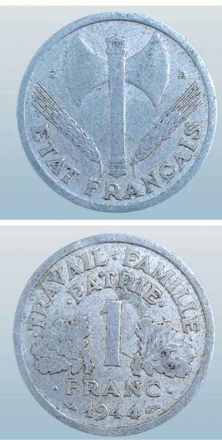 1944 France 1 Franc Type C -Vichy French State - light type
