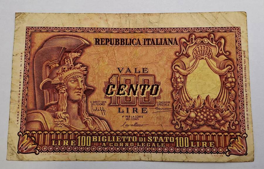 1951 Italy 100 Lira Bank Note