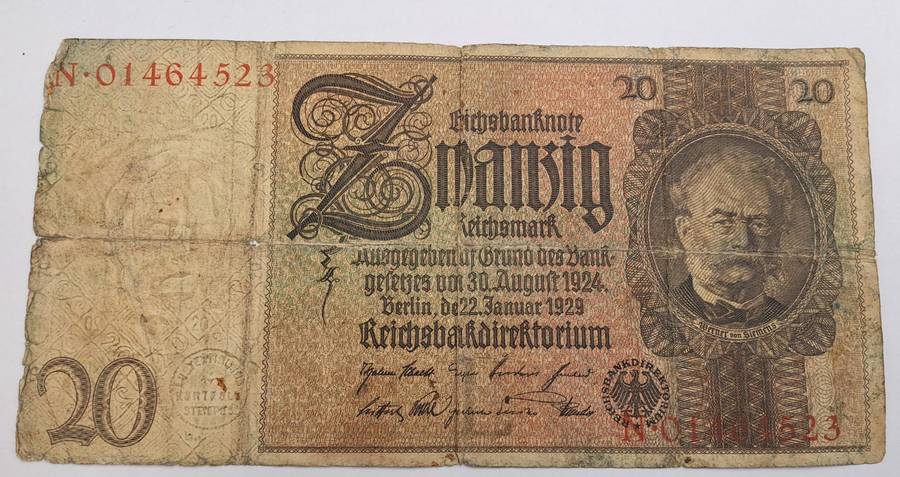 1929 Germany 20 Reichsmark Reichsbanknote