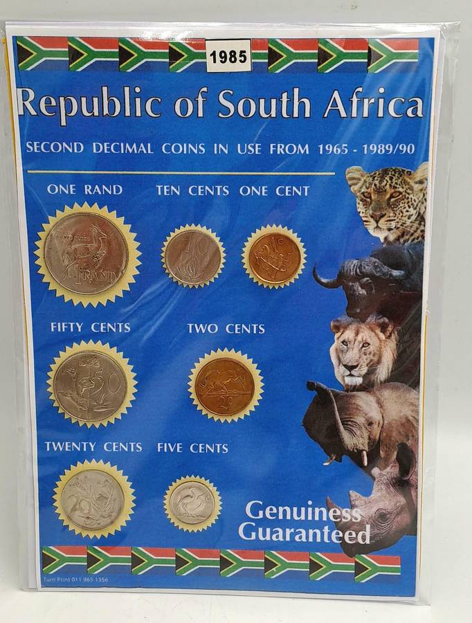 1985 Republic Of South Africa full set of 7 Coins on a Printed Sheet-Circulated Coins