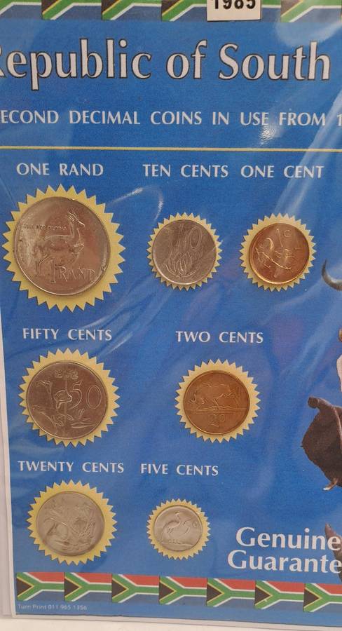 1985 Republic Of South Africa full set of 7 Coins on a Printed Sheet-Circulated Coins