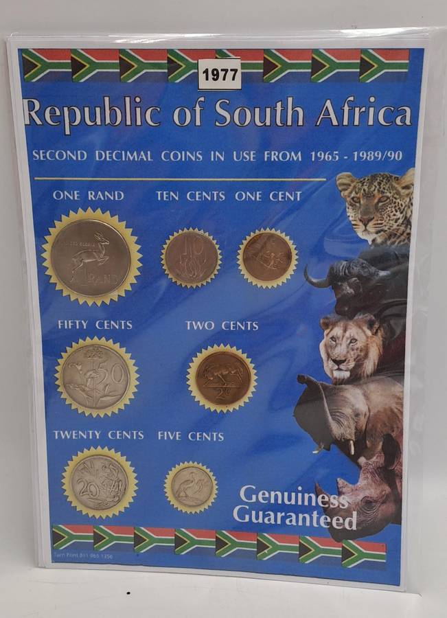 1977 Republic Of South Africa full set of 7 Coins on a Printed Sheet-Circulated Coins