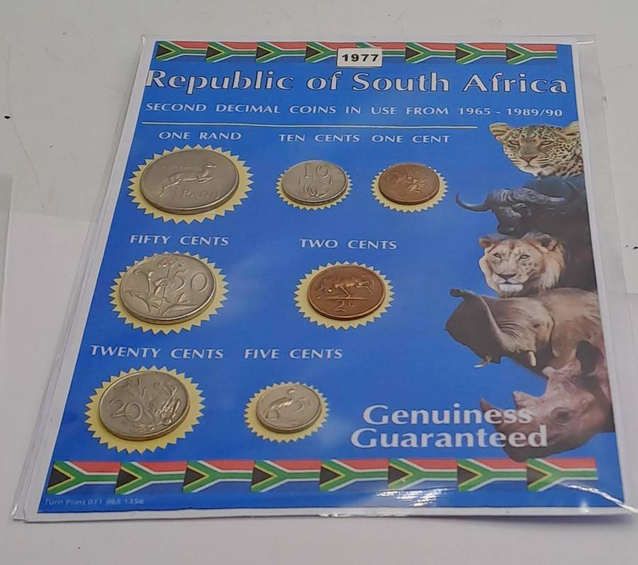 1977 Republic Of South Africa full set of 7 Coins on a Printed Sheet-Circulated Coins