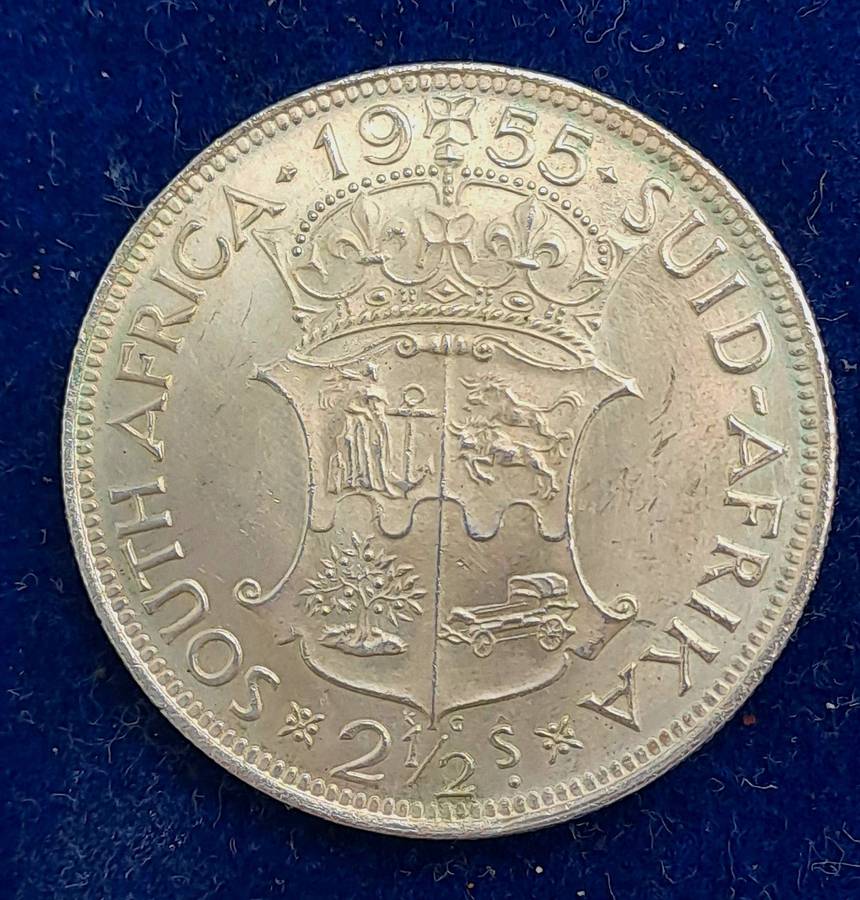 1955 South Africa (SILVER .500 ) 2½ Shillings - Elizabeth II 1st portrait UNC