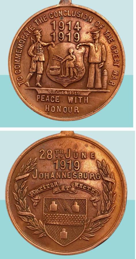 1919 End Of WW1 -Bronze Medal - Peace Celebrations 1919 Johannesburg 40,000 Minted