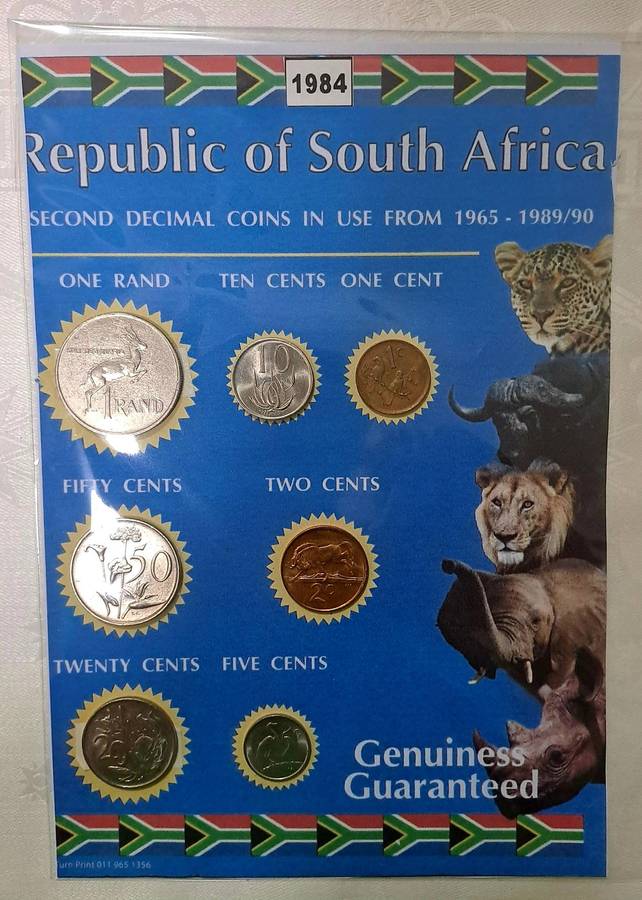 1984 Republic Of South Africa full set of 7 Coins on a Printed Sheet-Circulated Coins