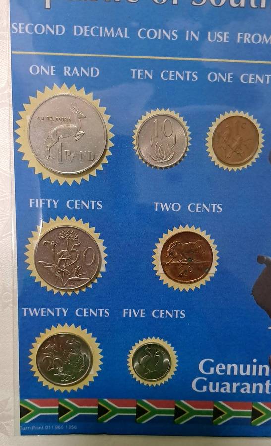 1986 Republic Of South Africa full set of 7 Coins on a Printed Sheet-Circulated Coins