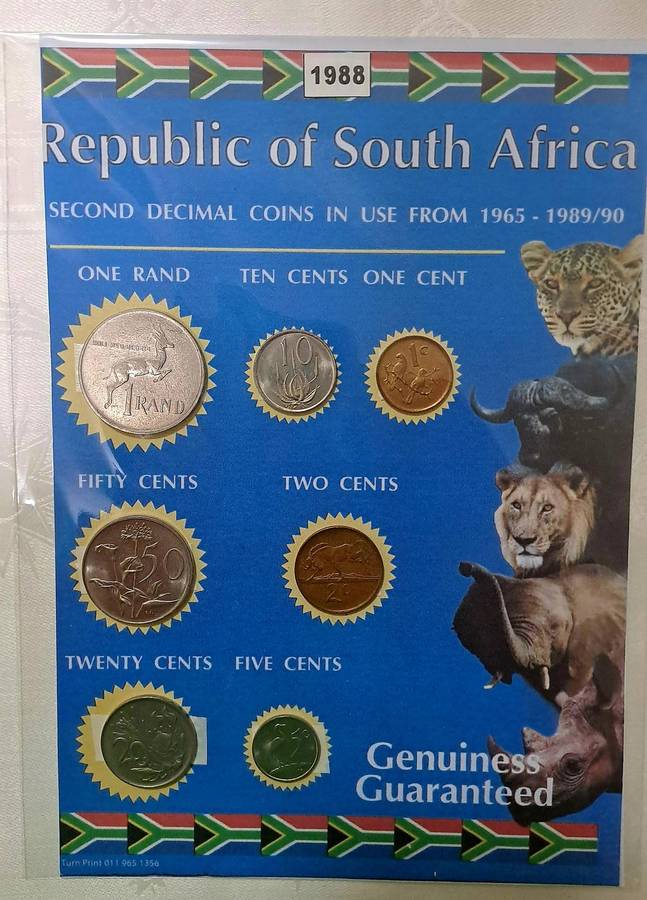 1988 Republic Of South Africa full set of 7 Coins on a Printed Sheet-Circulated Coins
