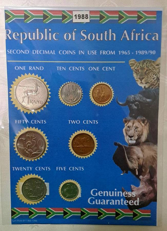 1988 Republic Of South Africa full set of 7 Coins on a Printed Sheet-Circulated Coins