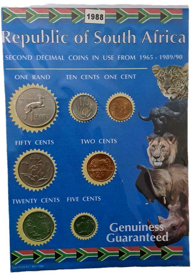 1988 Republic Of South Africa full set of 7 Coins on a Printed Sheet-Circulated Coins