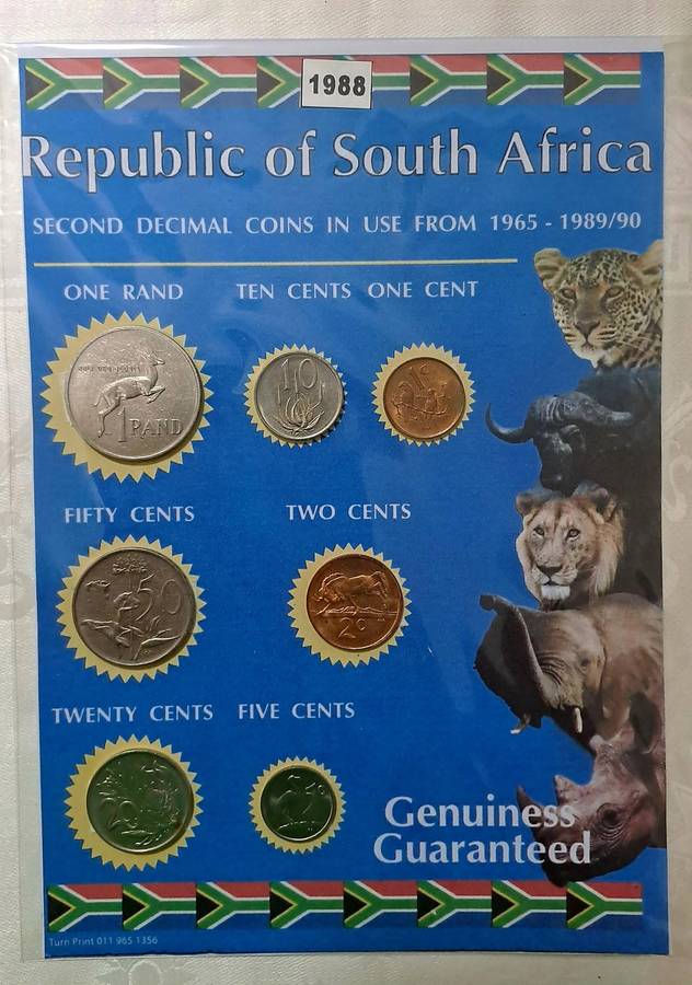 1988 Republic Of South Africa full set of 7 Coins on a Printed Sheet-Circulated Coins