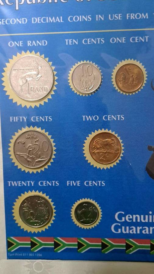 1988 Republic Of South Africa full set of 7 Coins on a Printed Sheet-Circulated Coins