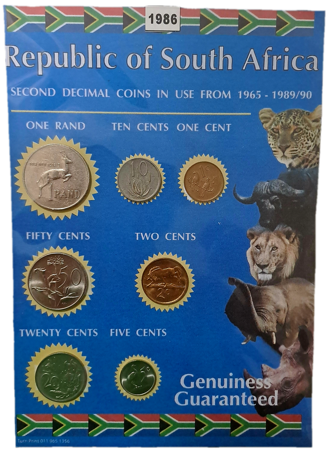 1986 Republic Of South Africa full set of 7 Coins on a Printed Sheet-Circulated Coins