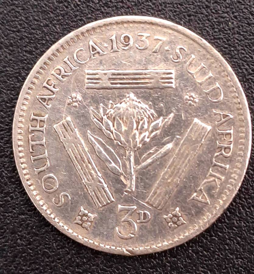 1937 South Africa Silver (.800) 3 Pence - George VI Rex Imperator