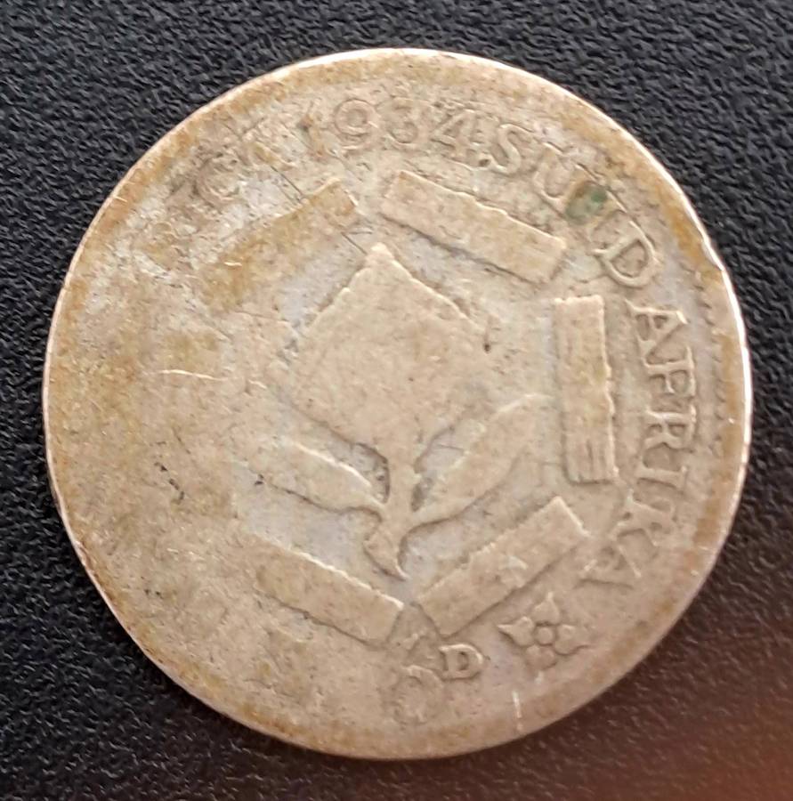 1934  South Africa (Silver .800) 6 Pence - George V SUID-AFRIKA 6D(poor condition)