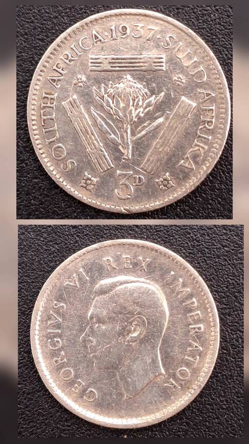 1937 South Africa Silver (.800) 3 Pence - George VI Rex Imperator