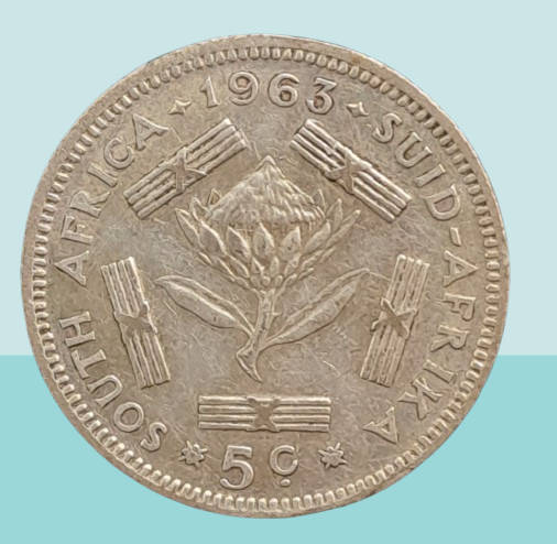1963 South Africa  Silver (.500) 5 Cents 1st decimal series