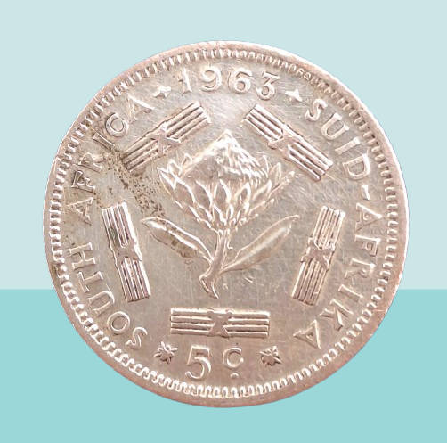 1963 South Africa  Silver (.500) 5 Cents 1st decimal series