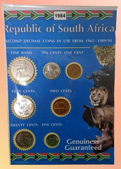 1984 Republic Of South Africa full set of 7 Coins on a Printed Sheet-Circulated Coins