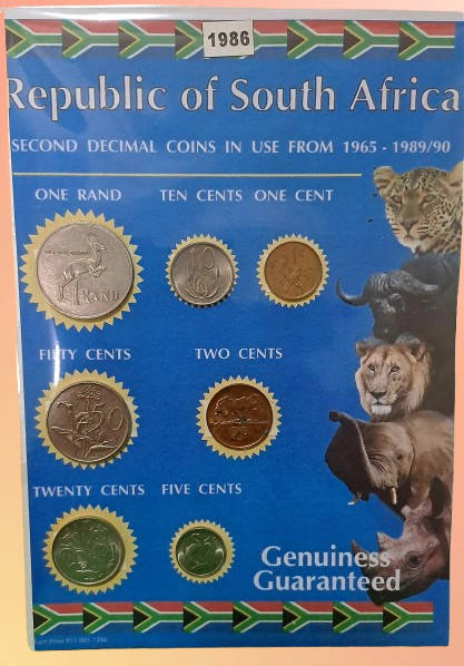 1986 Republic Of South Africa full set of 7 Coins on a Printed Sheet-Circulated Coins