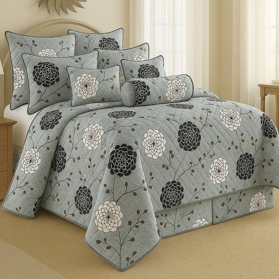 9 Piece Exclusive Floral Quilted Bedspread, Queen Size