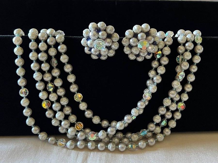 1950s Vintage 5-String Layered Faux Pearls & Aurora Borealis Beads Necklace & Clip Earrings