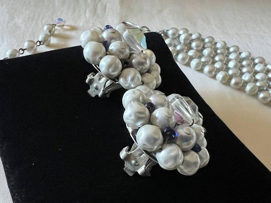 1950s Vintage 5-String Layered Faux Pearls & Aurora Borealis Beads Necklace & Clip Earrings