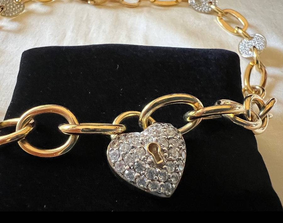 Exquisite Gold-plated Sterling Silver Crystal Rhinestones HEART LOCK Necklace by ILE * 53 grams