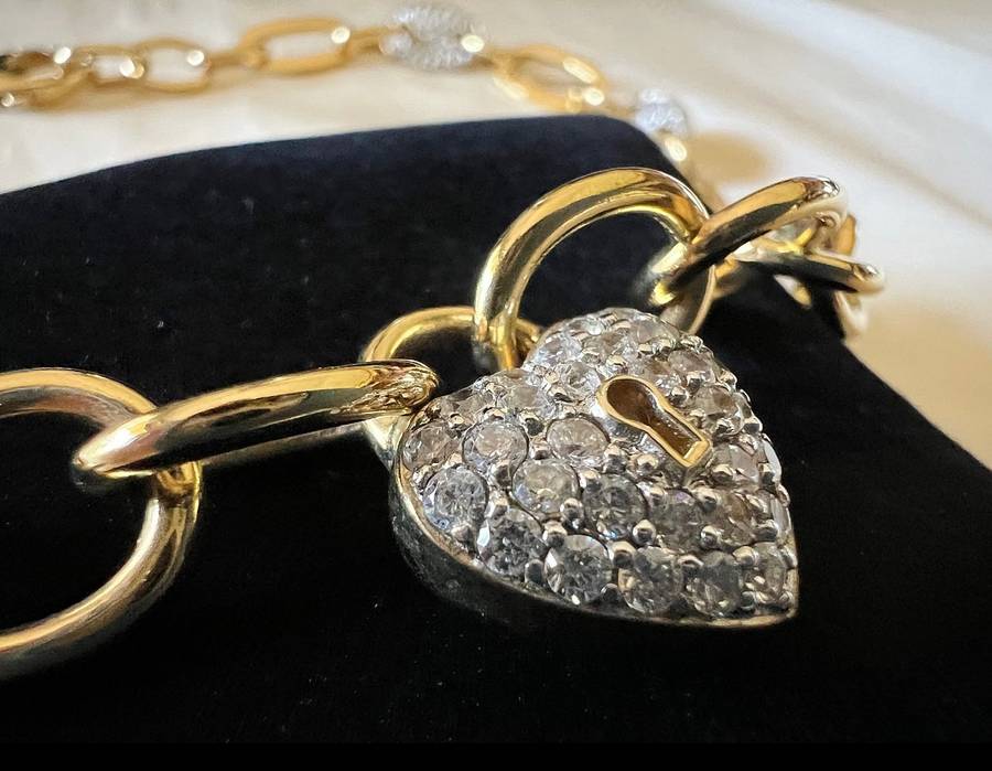 Exquisite Gold-plated Sterling Silver Crystal Rhinestones HEART LOCK Necklace by ILE * 53 grams