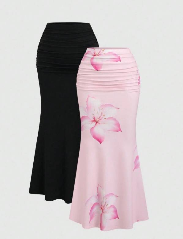 Sweetra 2pcs/Set Elegant Party Women Solid Color Mermaid Skirt And Floral Print