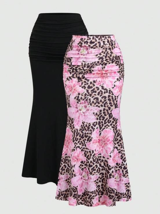 Sweetra 2pcs/Set Elegant Party Women Solid Color Mermaid Skirt And Floral Print