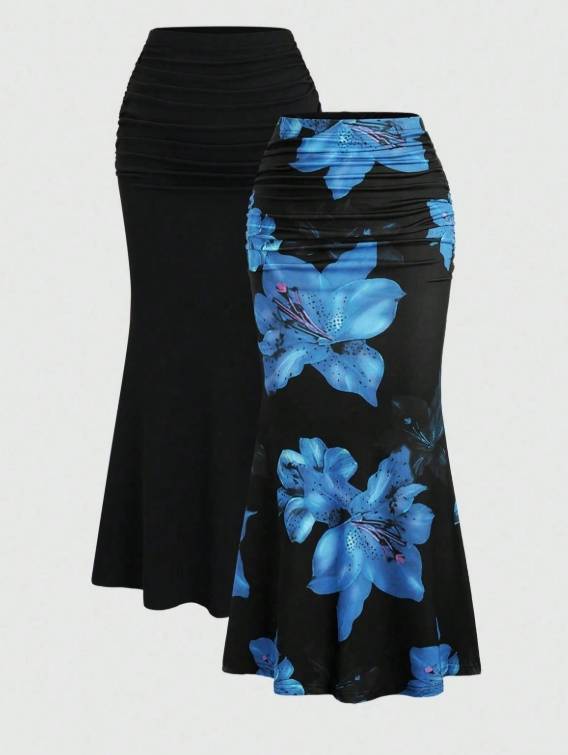 Sweetra 2pcs/Set Elegant Party Women Solid Color Mermaid Skirt And Floral Print