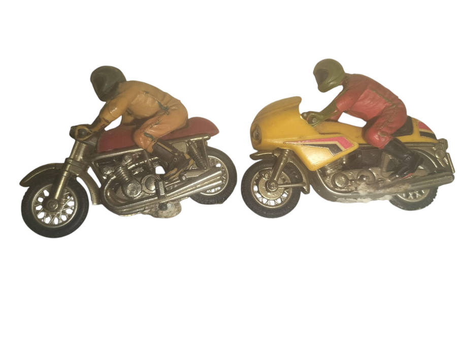 2 vintage collectable diecast toys of motorcycle with a rider