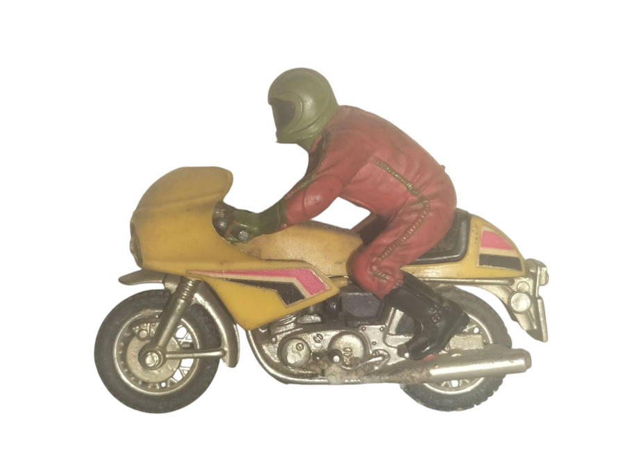 2 vintage collectable diecast toys of motorcycle with a rider