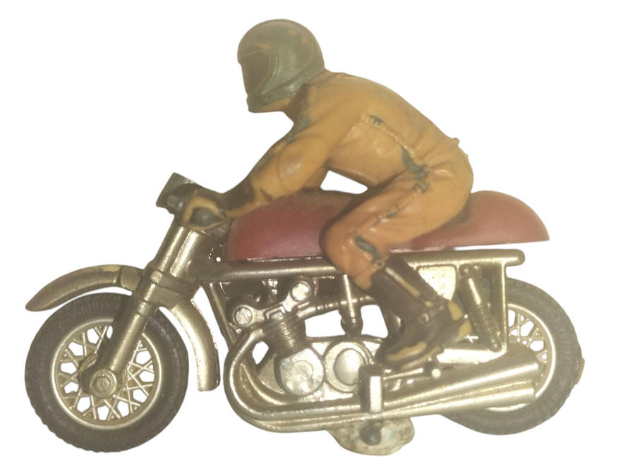 2 vintage collectable diecast toys of motorcycle with a rider