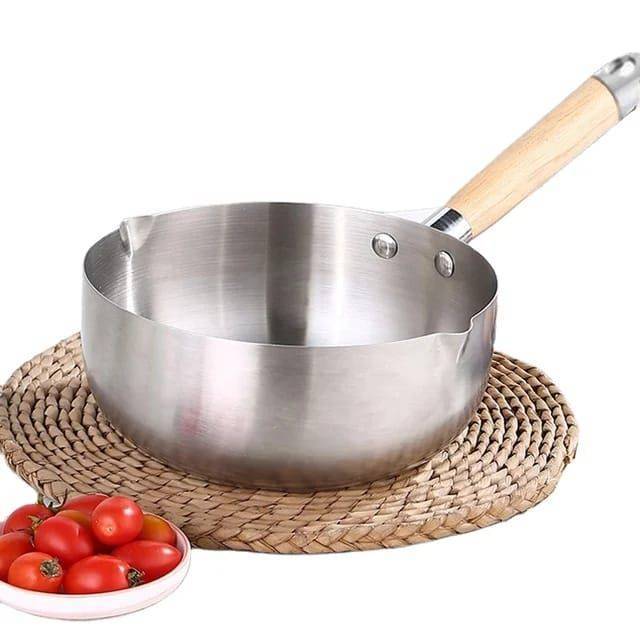 Stainless Steel Sauce Pan Milk Pot With Wooden Coating Handle & Glass - 18cm