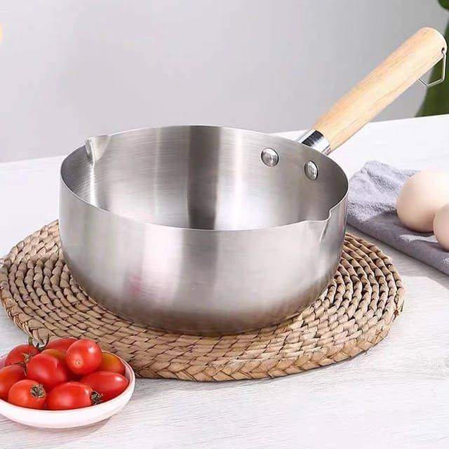 Stainless Steel Sauce Pan Milk Pot With Wooden Coating Handle & Glass - 18cm