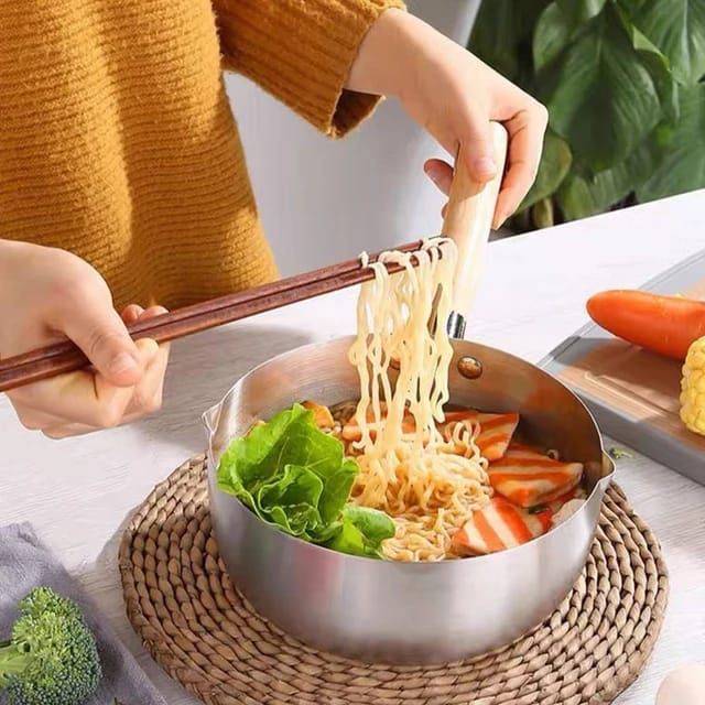 Stainless Steel Sauce Pan Milk Pot With Wooden Coating Handle & Glass - 18cm