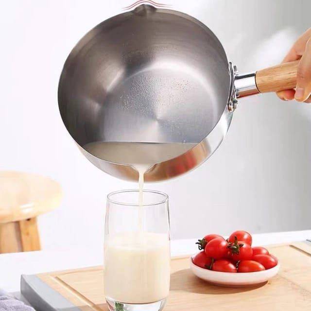 Stainless Steel Sauce Pan Milk Pot With Wooden Coating Handle & Glass - 18cm