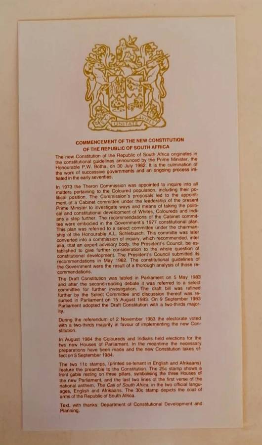 1984 South Africa First Day Cover  New Constitution  Ex Unitate Vires | PT 4.9 | With Original Ins