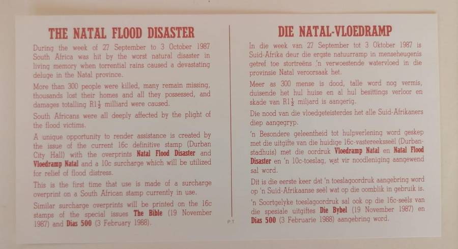 1987 Natal Flood Disaster  First Day Cover | Durban