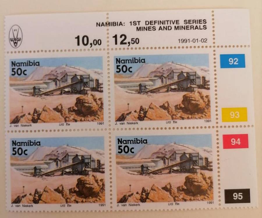 Namibia 1991 Mint Stamp Block  Uis Tin Mine (50c x4) | Mines & Minerals | Color Calibration Strip