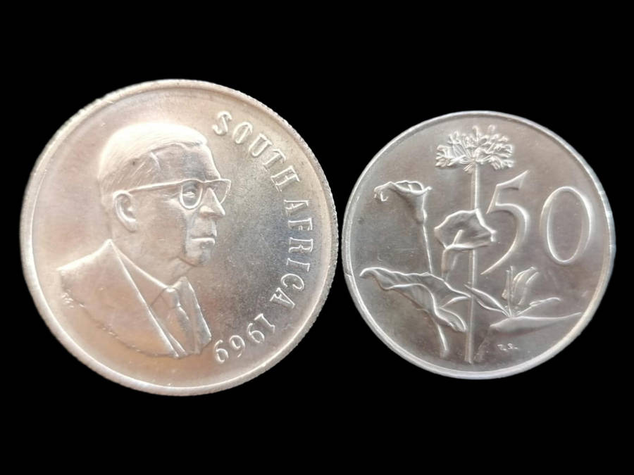 Rare Proof-Like South African Coins  1969 1 Rand & 1970 50c (Silver!)