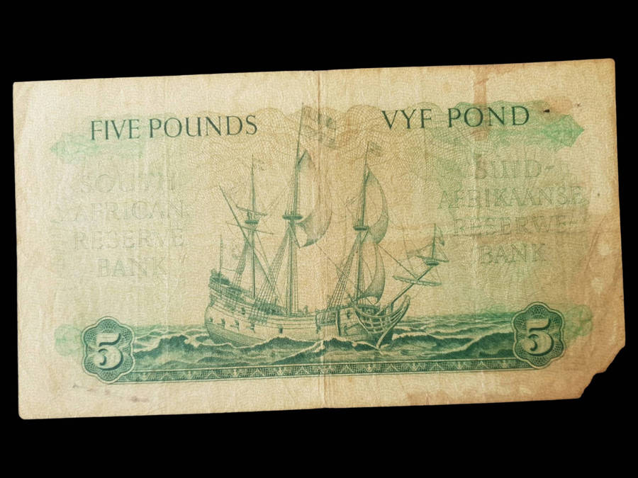 1959 South African Reserve Bank £5 (Five Pounds / Vyf Pond)  Jan van Riebeeck Issue  Corner Damage