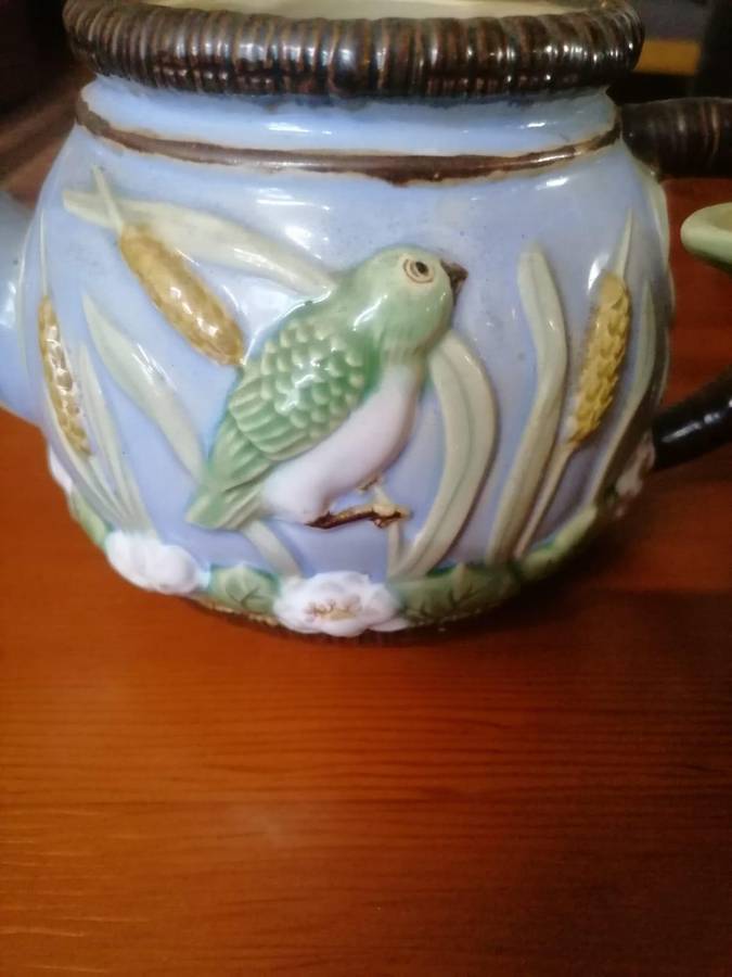 Vintage Majolica-Style Decorative Teapots (Set of 2  Bird & Floral Design, No Lids)