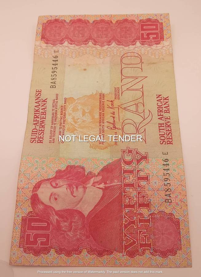 ONE SA FIFTY RAND BANK NOTE - GERHARD DE KOCK - SERIAL NR BA 8595446E